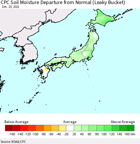 Japan CPC Soil Moisture Departure from Normal (Leaky Bucket) Thematic Map For 12/16/2021 - 12/20/2021
