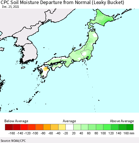 Japan CPC Soil Moisture Departure from Normal (Leaky Bucket) Thematic Map For 12/21/2021 - 12/25/2021