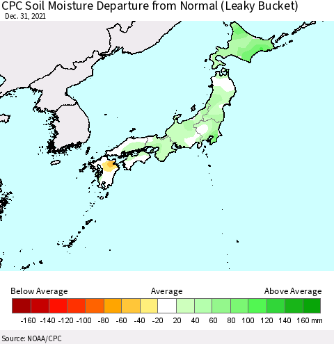 Japan CPC Soil Moisture Departure from Normal (Leaky Bucket) Thematic Map For 12/26/2021 - 12/31/2021