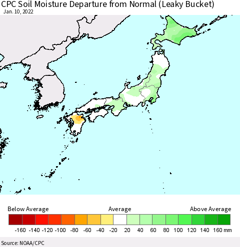 Japan CPC Soil Moisture Departure from Normal (Leaky Bucket) Thematic Map For 1/6/2022 - 1/10/2022