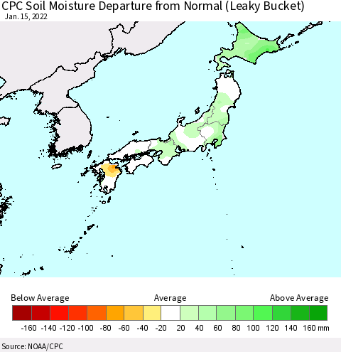 Japan CPC Soil Moisture Departure from Normal (Leaky Bucket) Thematic Map For 1/11/2022 - 1/15/2022