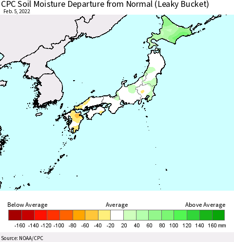 Japan CPC Soil Moisture Departure from Normal (Leaky Bucket) Thematic Map For 2/1/2022 - 2/5/2022