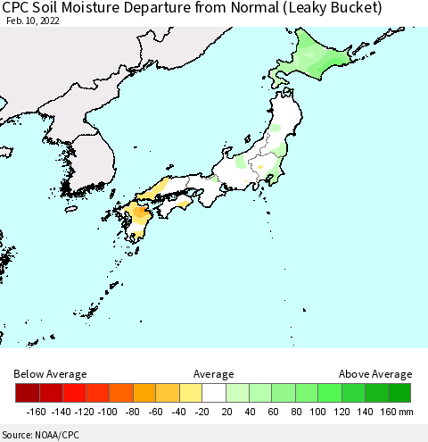 Japan CPC Soil Moisture Departure from Normal (Leaky Bucket) Thematic Map For 2/6/2022 - 2/10/2022