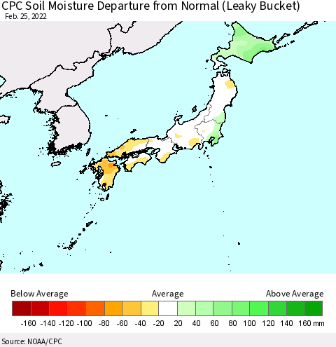 Japan CPC Soil Moisture Departure from Normal (Leaky Bucket) Thematic Map For 2/21/2022 - 2/25/2022