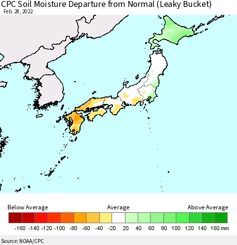 Japan CPC Soil Moisture Departure from Normal (Leaky Bucket) Thematic Map For 2/26/2022 - 2/28/2022