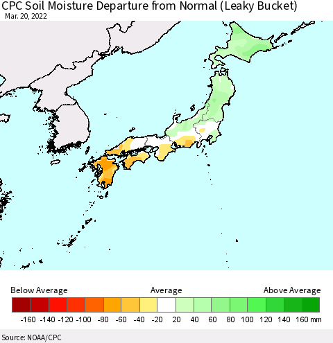 Japan CPC Soil Moisture Departure from Normal (Leaky Bucket) Thematic Map For 3/16/2022 - 3/20/2022