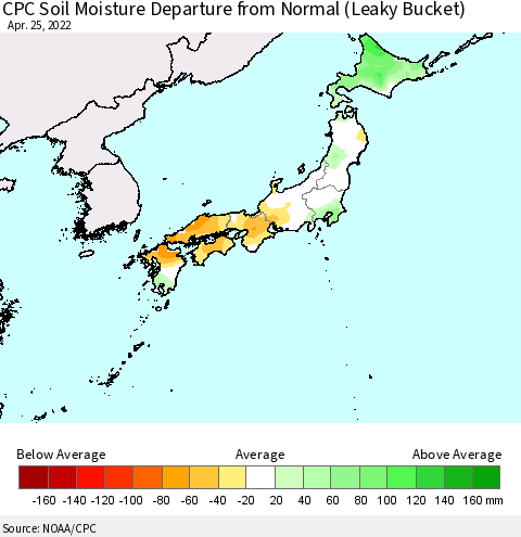 Japan CPC Soil Moisture Departure from Normal (Leaky Bucket) Thematic Map For 4/21/2022 - 4/25/2022