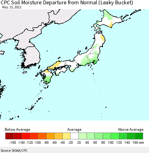 Japan CPC Soil Moisture Departure from Normal (Leaky Bucket) Thematic Map For 5/11/2022 - 5/15/2022