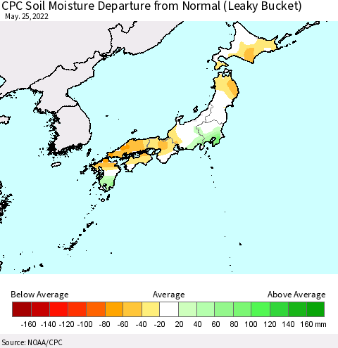 Japan CPC Soil Moisture Departure from Normal (Leaky Bucket) Thematic Map For 5/21/2022 - 5/25/2022