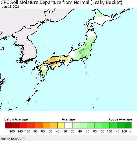 Japan CPC Soil Moisture Departure from Normal (Leaky Bucket) Thematic Map For 6/11/2022 - 6/15/2022