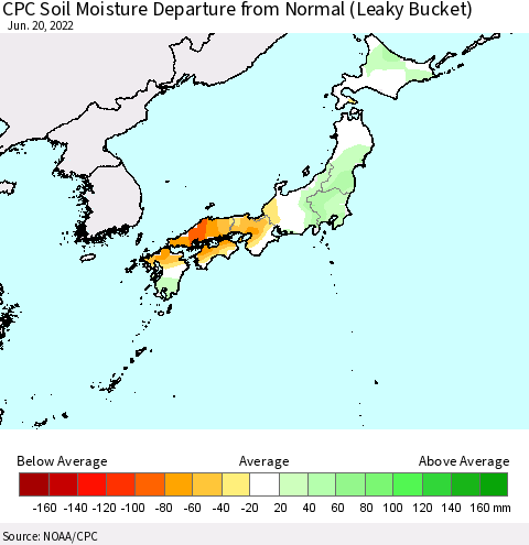 Japan CPC Soil Moisture Departure from Normal (Leaky Bucket) Thematic Map For 6/16/2022 - 6/20/2022