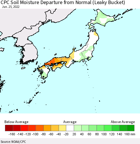 Japan CPC Soil Moisture Departure from Normal (Leaky Bucket) Thematic Map For 6/21/2022 - 6/25/2022