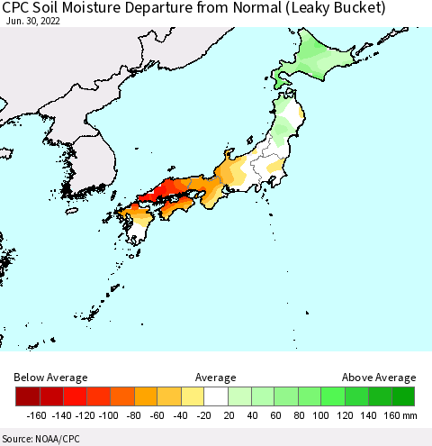 Japan CPC Soil Moisture Departure from Normal (Leaky Bucket) Thematic Map For 6/26/2022 - 6/30/2022