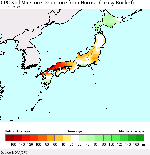 Japan CPC Soil Moisture Departure from Normal (Leaky Bucket) Thematic Map For 7/6/2022 - 7/10/2022