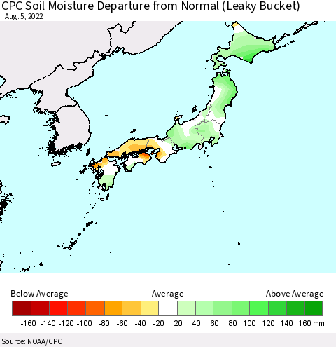 Japan CPC Soil Moisture Departure from Normal (Leaky Bucket) Thematic Map For 8/1/2022 - 8/5/2022