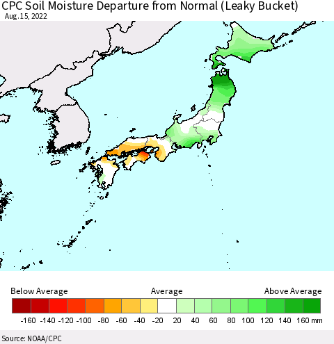 Japan CPC Soil Moisture Departure from Normal (Leaky Bucket) Thematic Map For 8/11/2022 - 8/15/2022