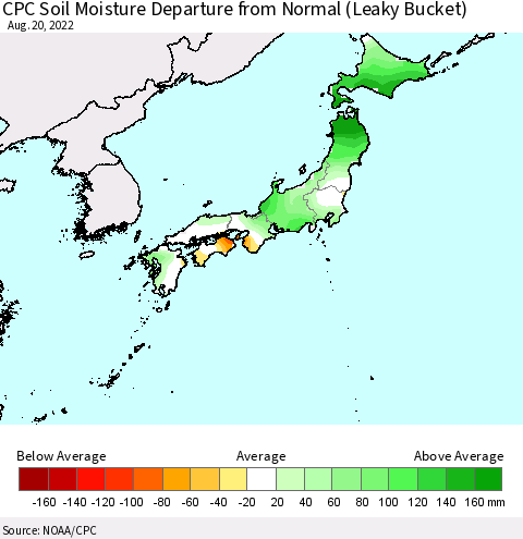 Japan CPC Soil Moisture Departure from Normal (Leaky Bucket) Thematic Map For 8/16/2022 - 8/20/2022
