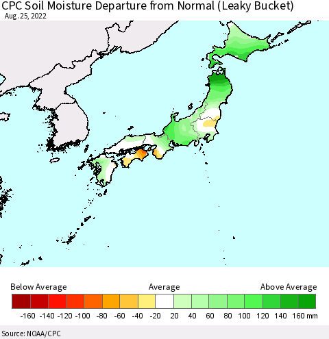 Japan CPC Soil Moisture Departure from Normal (Leaky Bucket) Thematic Map For 8/21/2022 - 8/25/2022