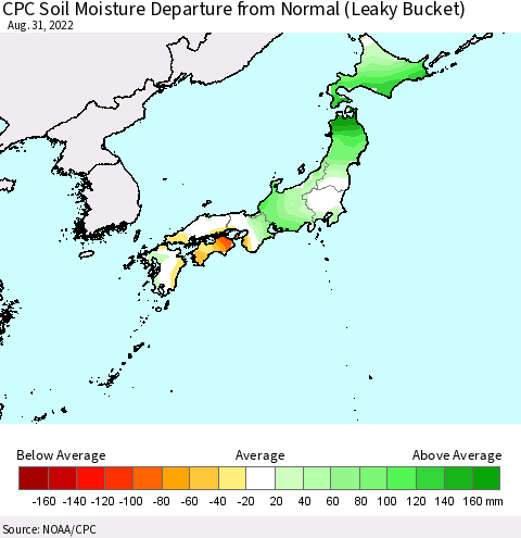 Japan CPC Soil Moisture Departure from Normal (Leaky Bucket) Thematic Map For 8/26/2022 - 8/31/2022