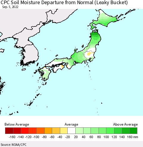 Japan CPC Soil Moisture Departure from Normal (Leaky Bucket) Thematic Map For 9/1/2022 - 9/5/2022