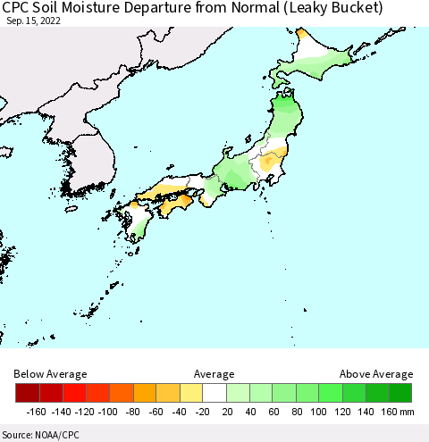 Japan CPC Soil Moisture Departure from Normal (Leaky Bucket) Thematic Map For 9/11/2022 - 9/15/2022