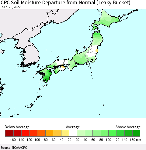 Japan CPC Soil Moisture Departure from Normal (Leaky Bucket) Thematic Map For 9/16/2022 - 9/20/2022