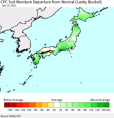 Japan CPC Soil Moisture Departure from Normal (Leaky Bucket) Thematic Map For 9/21/2022 - 9/25/2022