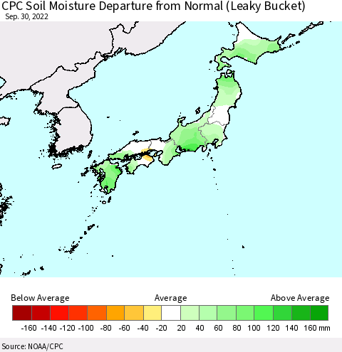 Japan CPC Soil Moisture Departure from Normal (Leaky Bucket) Thematic Map For 9/26/2022 - 9/30/2022