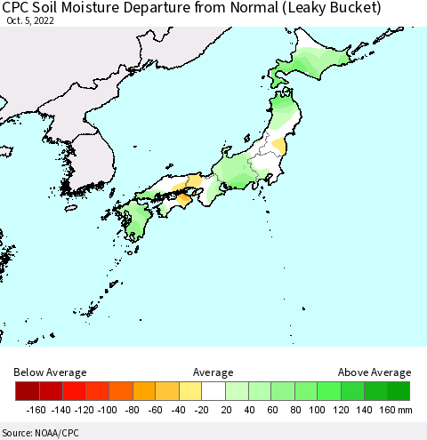 Japan CPC Soil Moisture Departure from Normal (Leaky Bucket) Thematic Map For 10/1/2022 - 10/5/2022