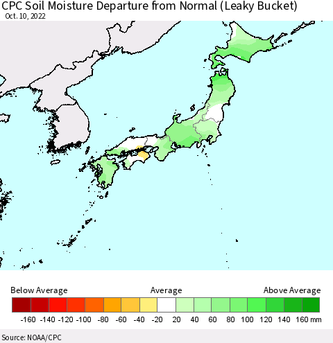 Japan CPC Soil Moisture Departure from Normal (Leaky Bucket) Thematic Map For 10/6/2022 - 10/10/2022