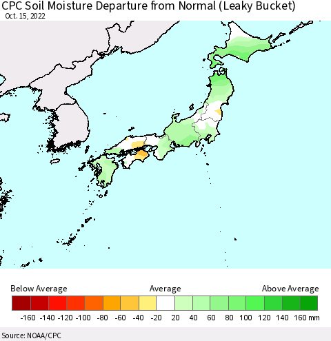 Japan CPC Soil Moisture Departure from Normal (Leaky Bucket) Thematic Map For 10/11/2022 - 10/15/2022