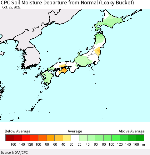 Japan CPC Soil Moisture Departure from Normal (Leaky Bucket) Thematic Map For 10/21/2022 - 10/25/2022