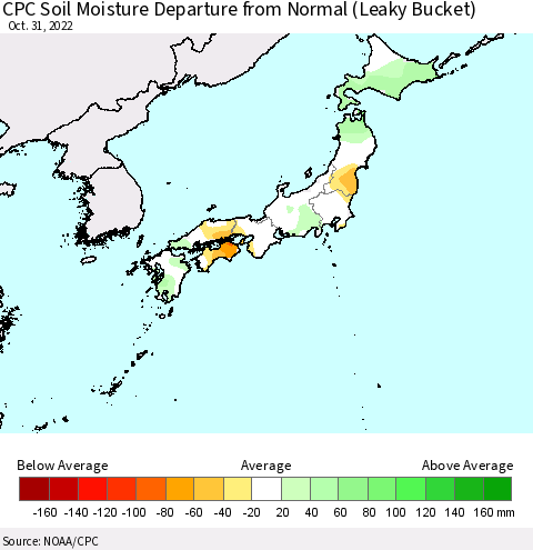 Japan CPC Soil Moisture Departure from Normal (Leaky Bucket) Thematic Map For 10/26/2022 - 10/31/2022