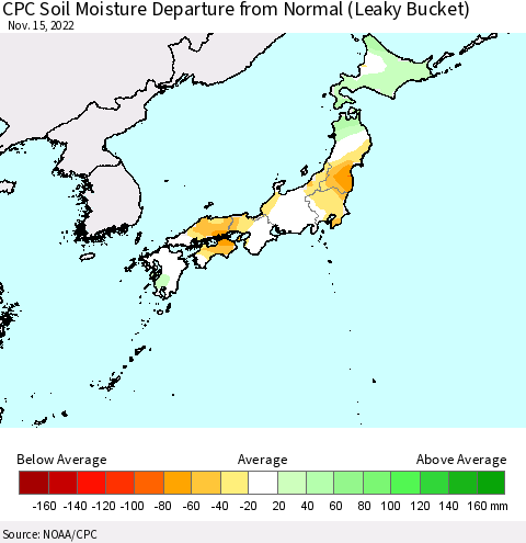Japan CPC Soil Moisture Departure from Normal (Leaky Bucket) Thematic Map For 11/11/2022 - 11/15/2022