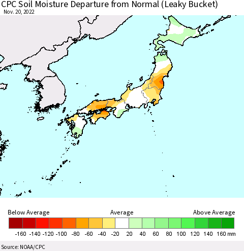 Japan CPC Soil Moisture Departure from Normal (Leaky Bucket) Thematic Map For 11/16/2022 - 11/20/2022