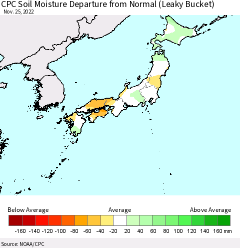 Japan CPC Soil Moisture Departure from Normal (Leaky Bucket) Thematic Map For 11/21/2022 - 11/25/2022