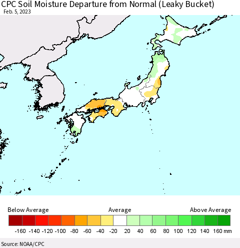 Japan CPC Soil Moisture Departure from Normal (Leaky Bucket) Thematic Map For 2/1/2023 - 2/5/2023