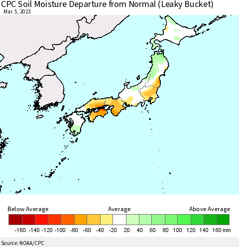 Japan CPC Soil Moisture Departure from Normal (Leaky Bucket) Thematic Map For 3/1/2023 - 3/5/2023