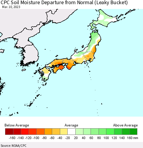 Japan CPC Soil Moisture Departure from Normal (Leaky Bucket) Thematic Map For 3/6/2023 - 3/10/2023