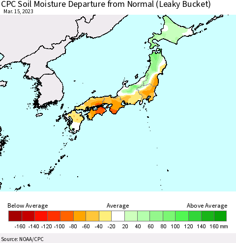 Japan CPC Soil Moisture Departure from Normal (Leaky Bucket) Thematic Map For 3/11/2023 - 3/15/2023