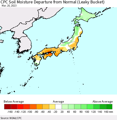 Japan CPC Soil Moisture Departure from Normal (Leaky Bucket) Thematic Map For 3/16/2023 - 3/20/2023