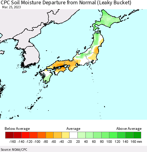 Japan CPC Soil Moisture Departure from Normal (Leaky Bucket) Thematic Map For 3/21/2023 - 3/25/2023