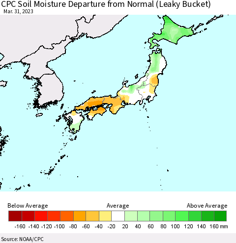 Japan CPC Soil Moisture Departure from Normal (Leaky Bucket) Thematic Map For 3/26/2023 - 3/31/2023