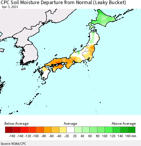 Japan CPC Soil Moisture Departure from Normal (Leaky Bucket) Thematic Map For 4/1/2023 - 4/5/2023