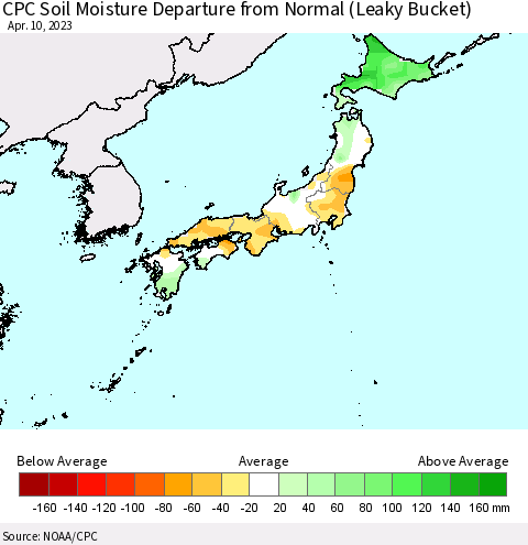 Japan CPC Soil Moisture Departure from Normal (Leaky Bucket) Thematic Map For 4/6/2023 - 4/10/2023