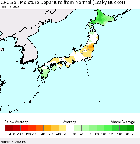 Japan CPC Soil Moisture Departure from Normal (Leaky Bucket) Thematic Map For 4/11/2023 - 4/15/2023