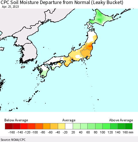 Japan CPC Soil Moisture Departure from Normal (Leaky Bucket) Thematic Map For 4/21/2023 - 4/25/2023