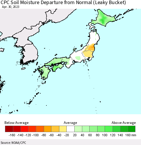 Japan CPC Soil Moisture Departure from Normal (Leaky Bucket) Thematic Map For 4/26/2023 - 4/30/2023