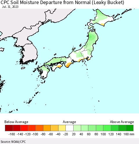 Japan CPC Soil Moisture Departure from Normal (Leaky Bucket) Thematic Map For 7/26/2023 - 7/31/2023