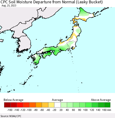 Japan CPC Soil Moisture Departure from Normal (Leaky Bucket) Thematic Map For 8/21/2023 - 8/25/2023